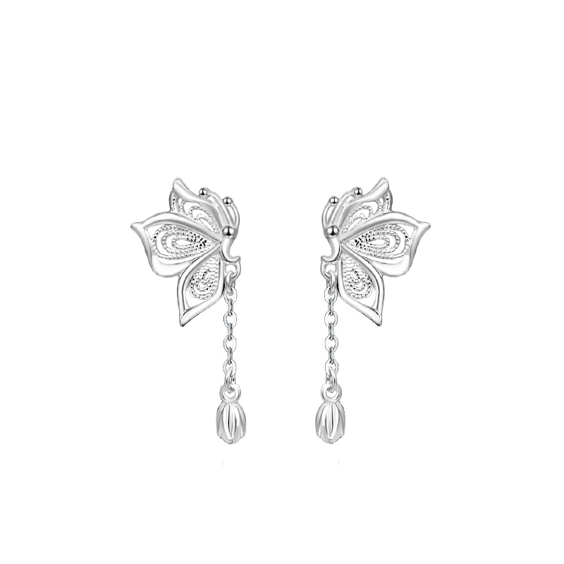S999 Silver Sweet Tassel New Butterfly Earrings