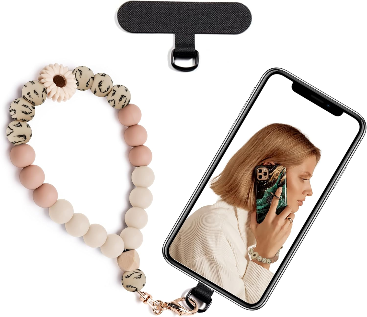 Silicone Beaded Phone Wrist Strap,phone bracelet strap with Tether Tab,Elastic Hands-Free wristlet strap (Khaki Daisy)