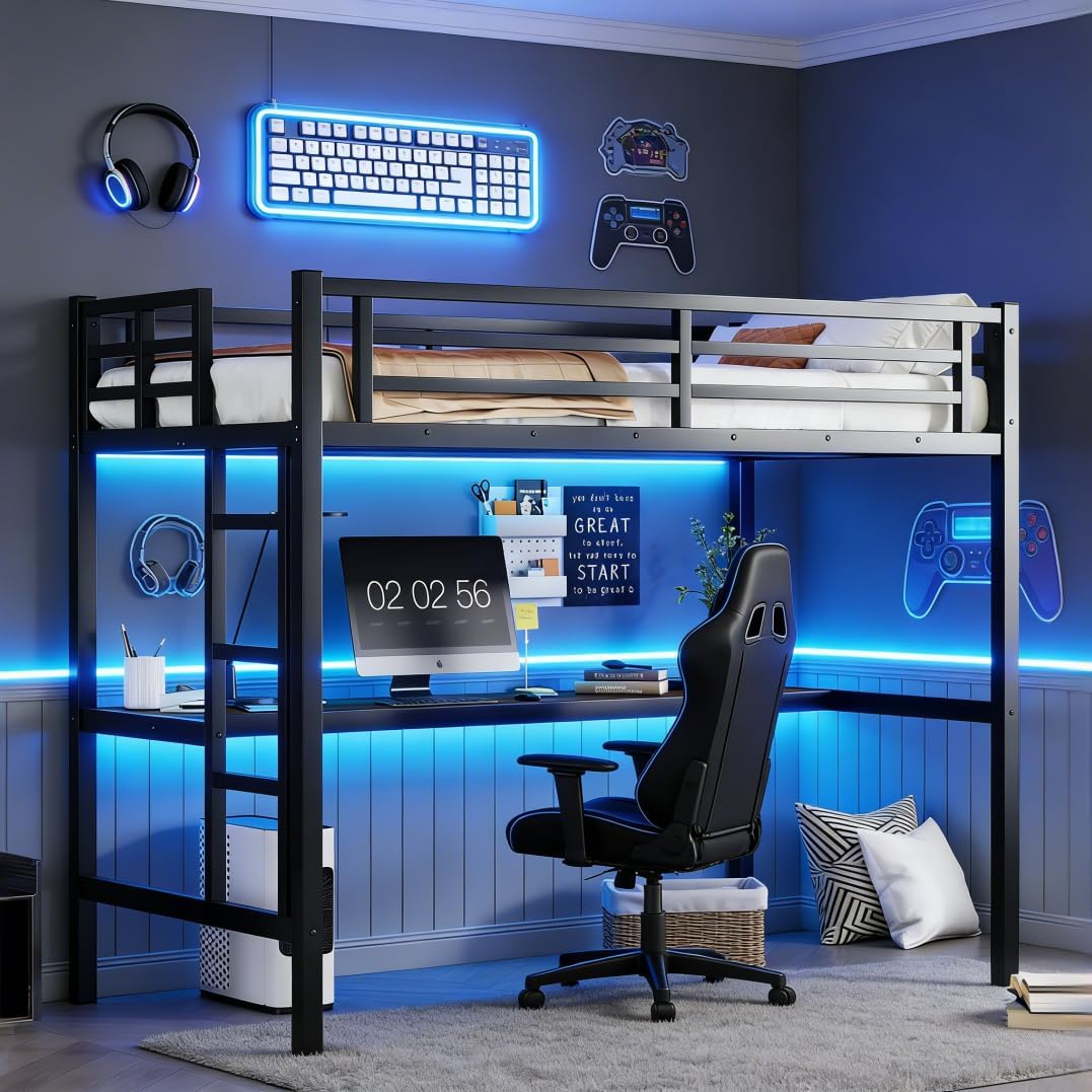 Twin XL Loft Bed with Desk and LED, Metal Twin XL Size Loft Bedframe with Guardrail and Ladder for Adults, Kids, Teens, Black