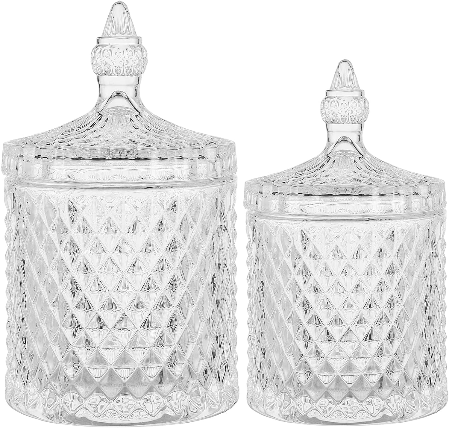 Qtip Holder Glass Apothecary Jars with Lid Bathroom Accessories Vanity Organizers and Makeup Storage for Cotton Swabs, Balls, Pads, Floss Picks, Candy, 2 Pack Small and Large Clear