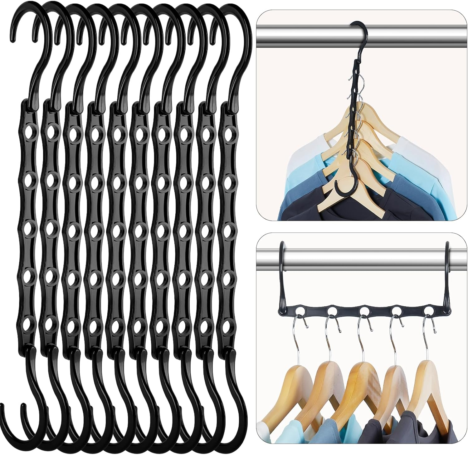 Space Saving Hangers Black, 16 Pack, Smart Closet Organizer Space Saver, Sturdy Plastic Clothes Hangers for All Types of Clothes, Closet Organizers and Storage, College Dorm Room Essentials