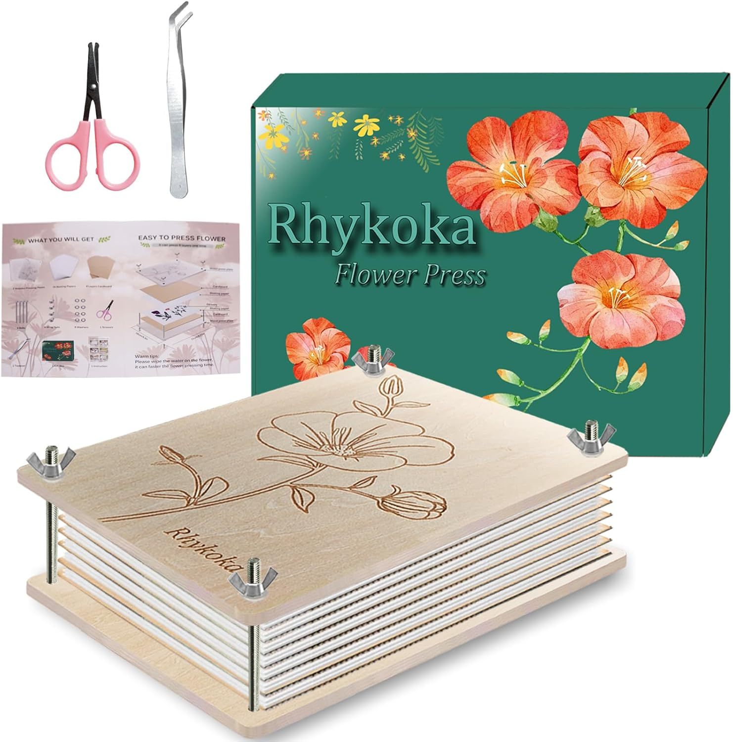 Rhykoka Professional Flower Press, 8 Layers 6.3X8.3 Inch (16X21Cm) Wooden Flower Press Kit/Flower Pressing for Kids Adults, Great Gift for DIY Flowers Lovers (Wooden)