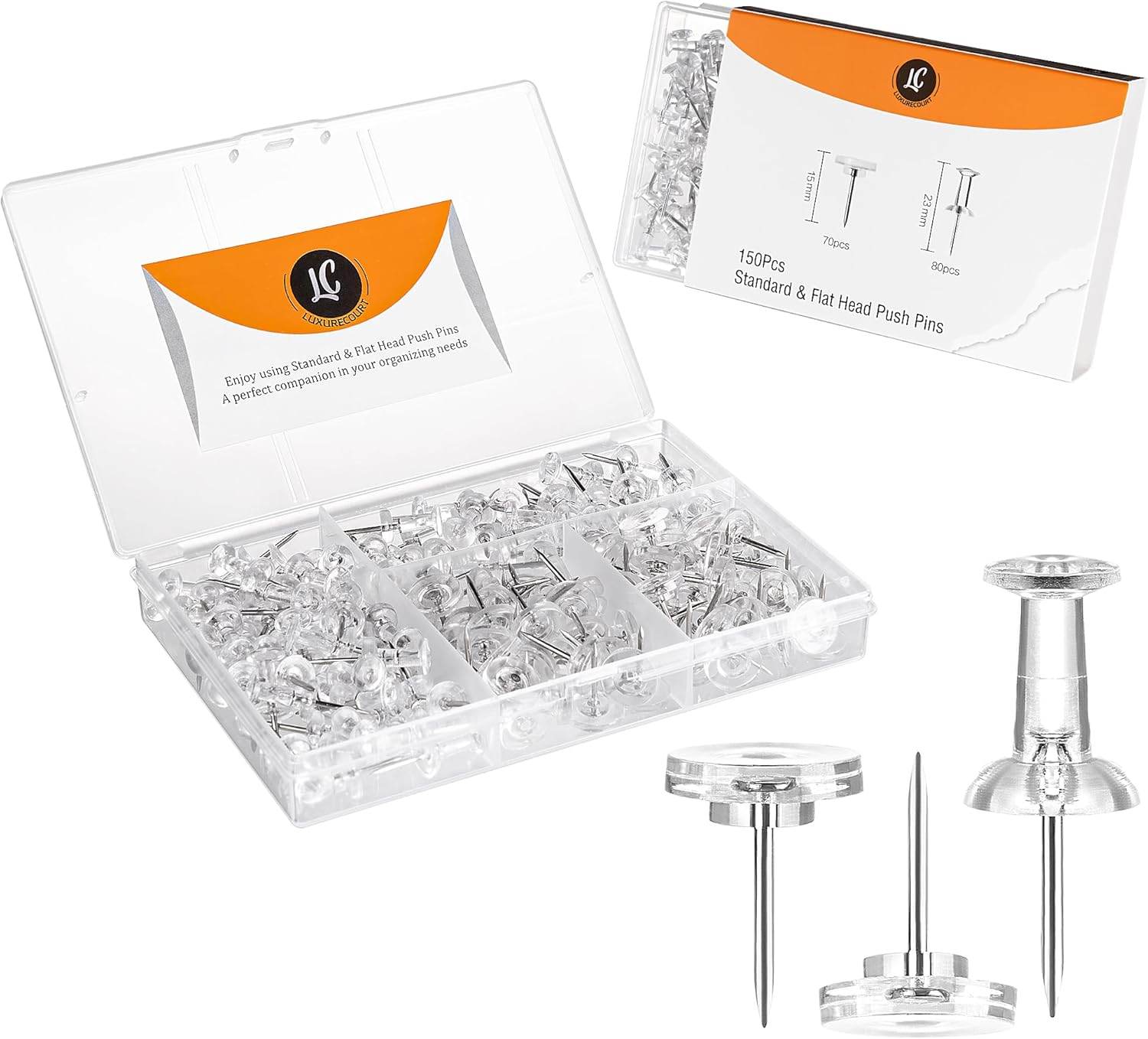 150 Pack Assorted Clear Push Pins by for Bulletin Board, Wall Hanging, Cork Board, Shadow Box Display - Includes Flat Head Thumbtacks & Standard Pushpins in Plastic Resuable Storage Box.
