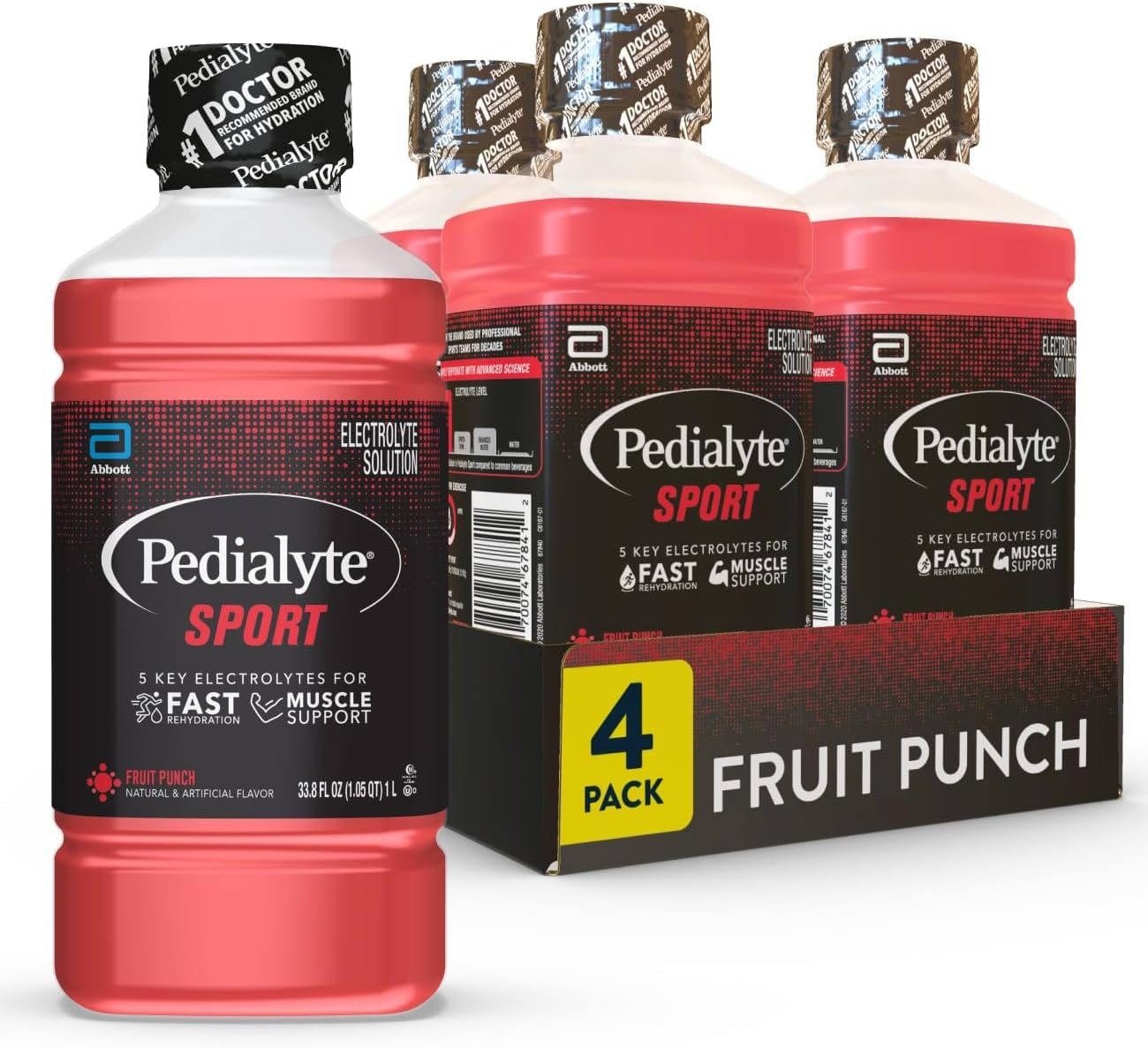 Sport Electrolyte Drink, Fast Hydration with 5 Key Electrolytes for Muscle Support Before, During, & after Exercise, Fruit Punch, 1 Liter, Pack of 4