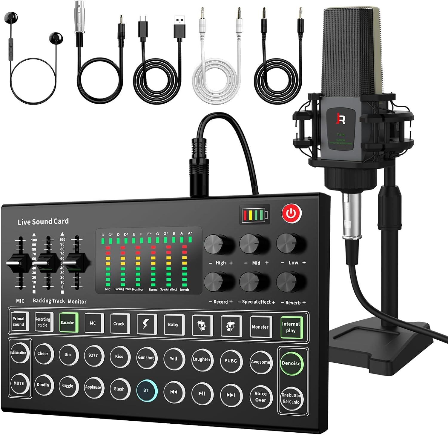 Podcast Equipment Bundle, All-In-One Audio Interface DJ Mixer with Microphone, Stand, Monitor Earphone, Audio Mixer with Sound Card for Pc/Laptop/Phone, Streaming/Podcasting/Gaming