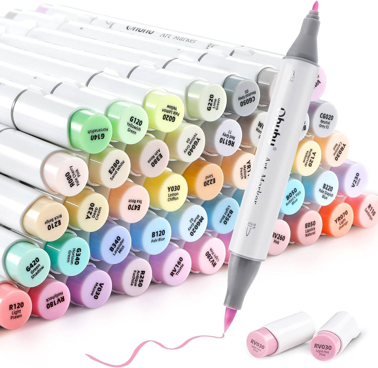 Ohuhu Pastel Markers Brush Tip, Alcohol-Based Markers Double Tipped Artist Art for Sketch Adults' Coloring Illustration, 48 Pastel Colors +1 Alcohol Marker Blender + Marker Case, Brush & Fine