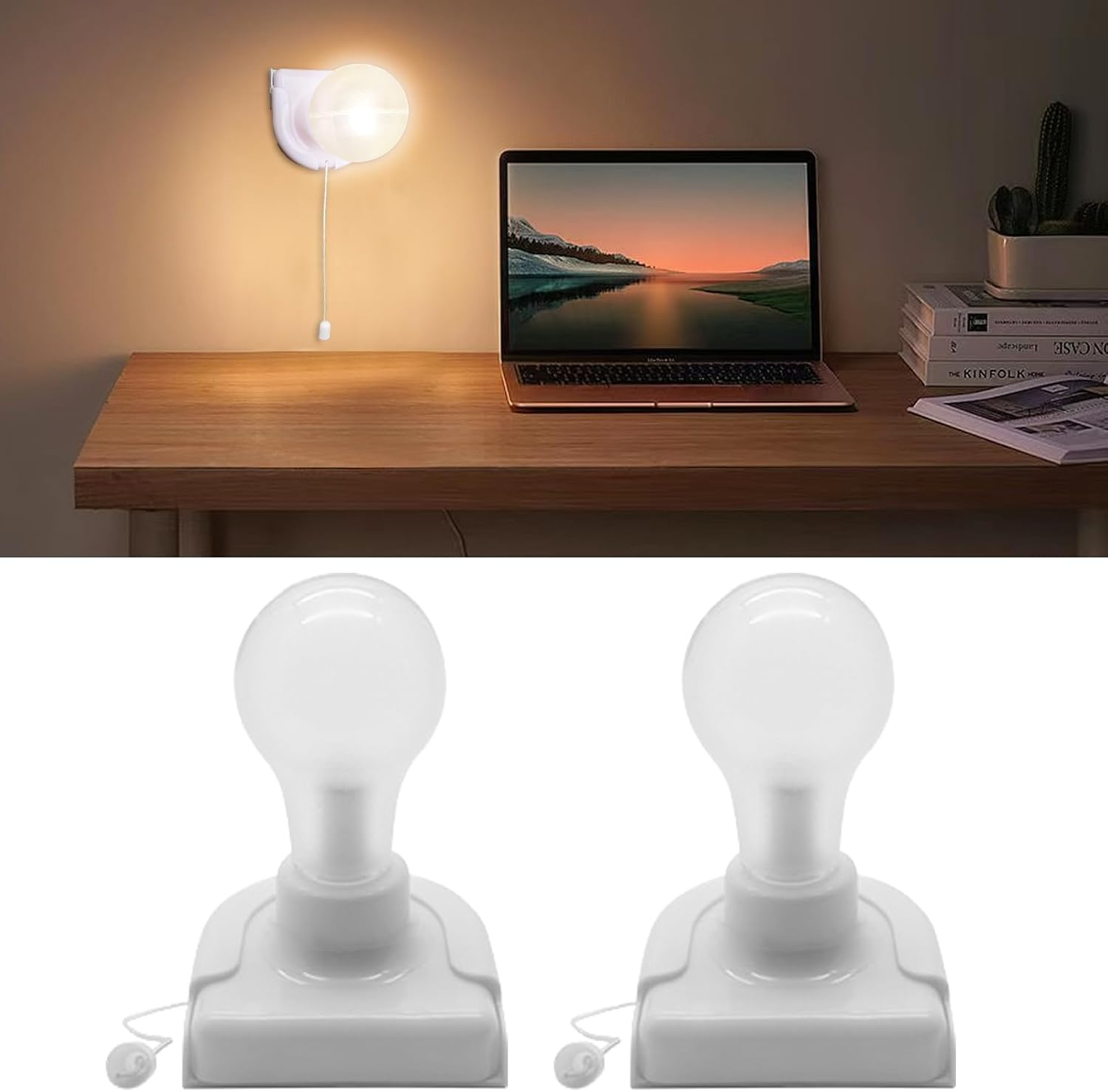 2 Pack Battery Operated Light Bulb, Stick-Up Battery Powered Wireless LED Closet Light Bulb, Self Adhesive Wall Light Fixture with Pull Chain for Cabinet Bedroom Kitchen, 3000K Warm White