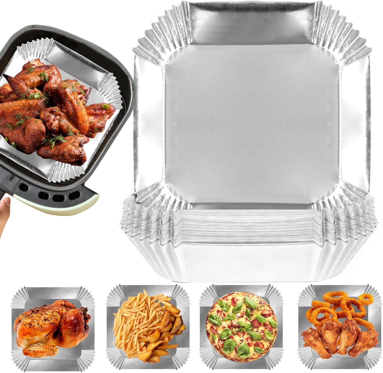 Air Fryer Paper Liners, 100Pcs Aluminum Foil Air Fryer Disposable Paper Liner, 6.3” Square Non-Stick Sheets, Food Grade Aluminum Foil for Baking, Frying, Grilling, Roasting Microwave