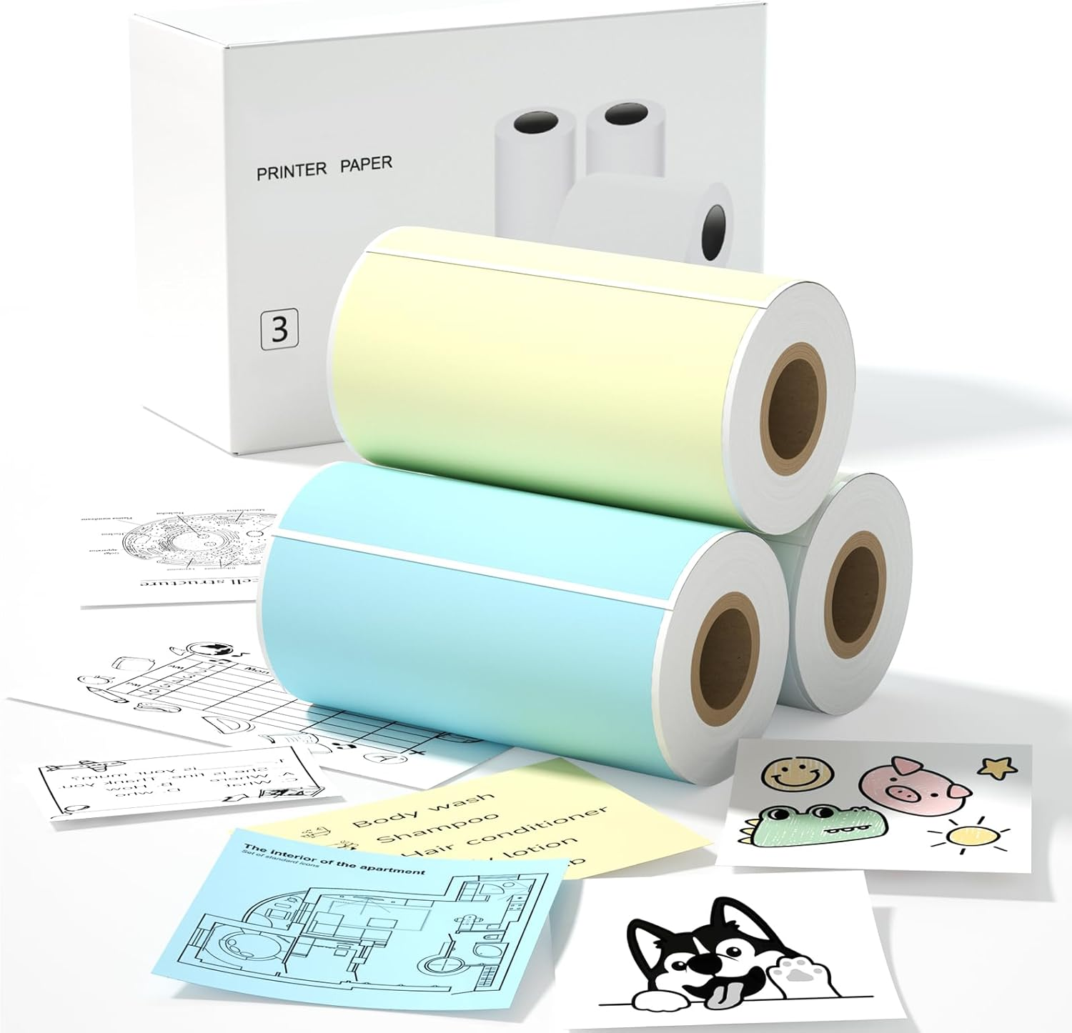 Idprt S1 S2 M02 T02 Mini Thermal Sticker Paper - 3 Rolls (White Blue Yellow 57X29Mm, 3.5M/Roll) for Instant Cameras and Label Printer - Refill for Kids' Pocket Printer, Mini Photo Labels, To-Do Lists
