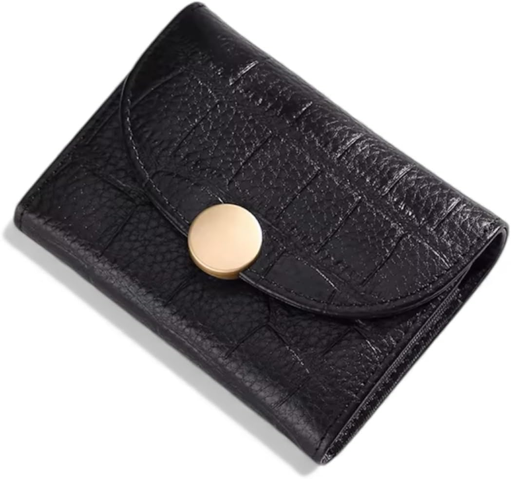 Women’S Genuine Leather Short Wallet, Compact Card Holder with RFID Blocking, Button Snap Closure, 12 Card Slots, Slim Minimalist Small Leather Wallet for Everyday Use and Gift for Women (Black)