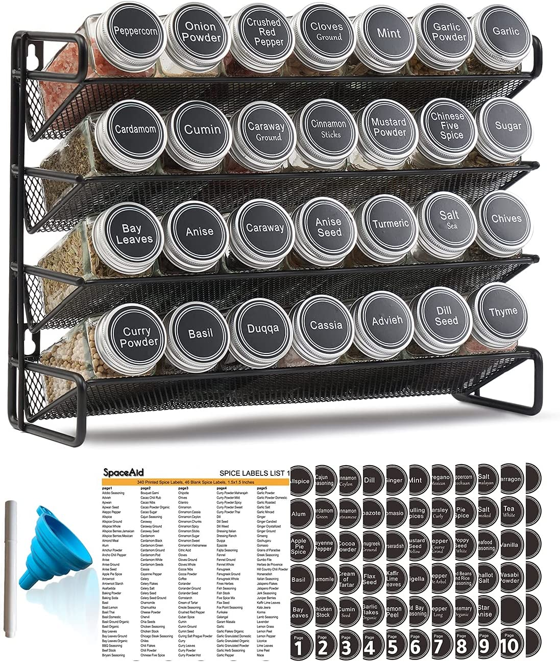 Spice Rack Organizer with 28 Spice Jars, 386 Spice Labels, Chalk Marker and Funnel Set for Cabinet, Countertop, Pantry, Cupboard or Door & Wall Mount - 28 Jars, 13.4