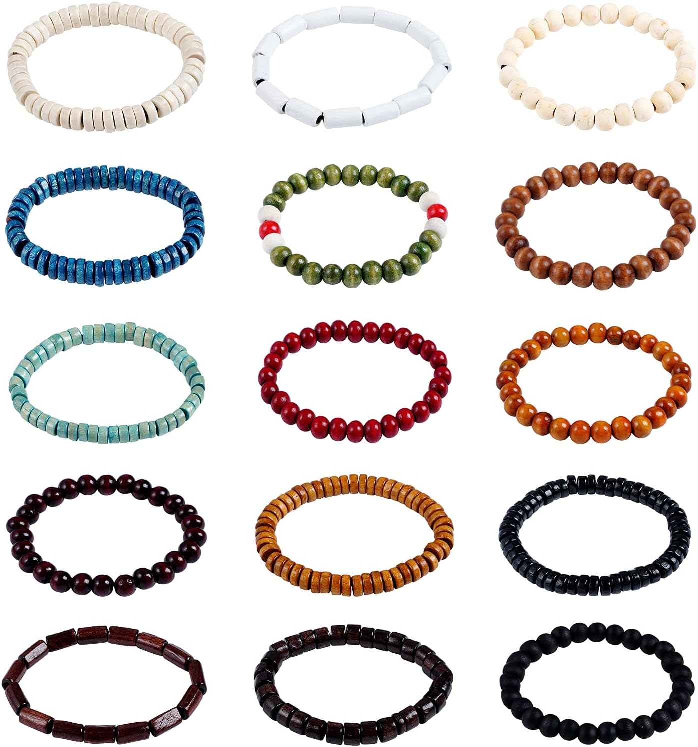 15Pcs Wooden Beaded Bracelet Set Elastic Stretch Buddha Prayer Meditation Beads