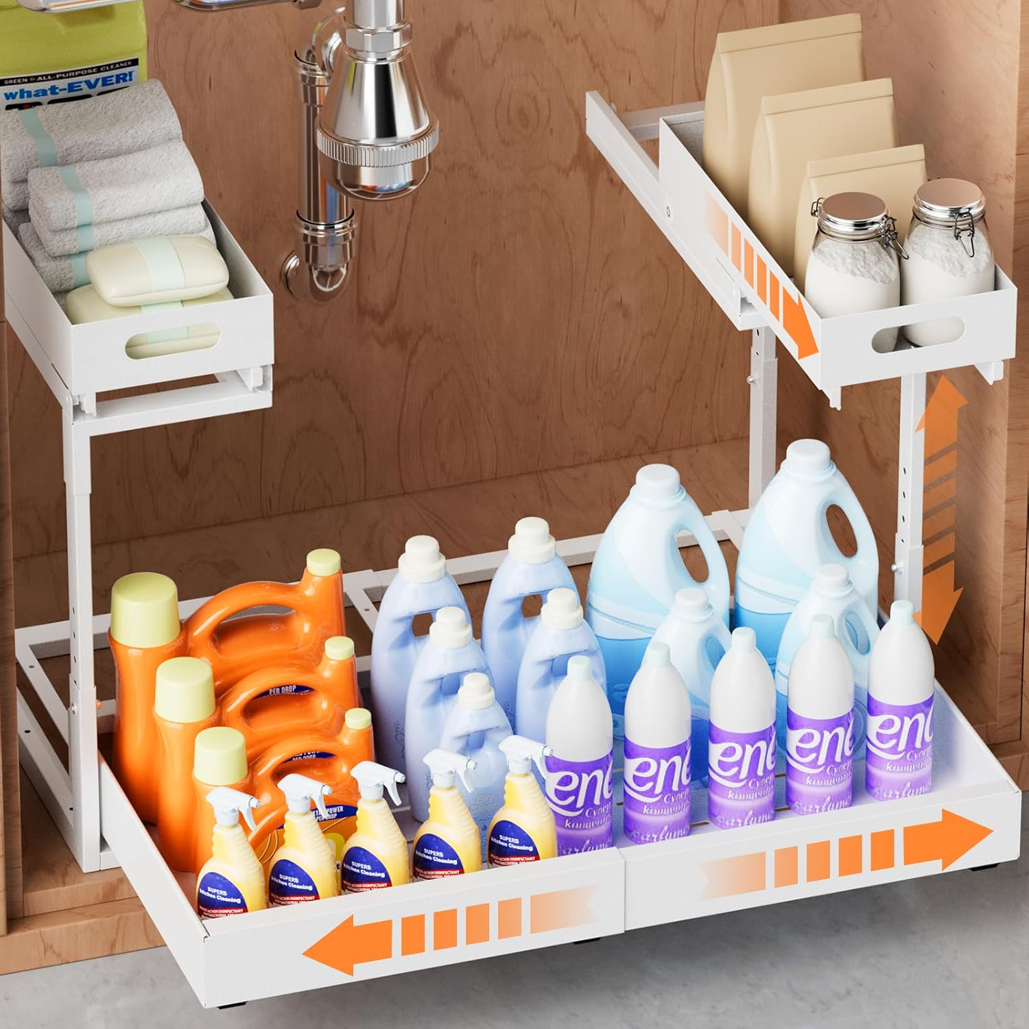 Upgrade 1 Pack Expandable under Sink Organizers and Storage, 2 Tier Metal Pull Out Cabinet Organizer with 3 Slide Rails, Adjustable Height Slide Out under Sink Drawers for Kitchen Bathroom Pantry