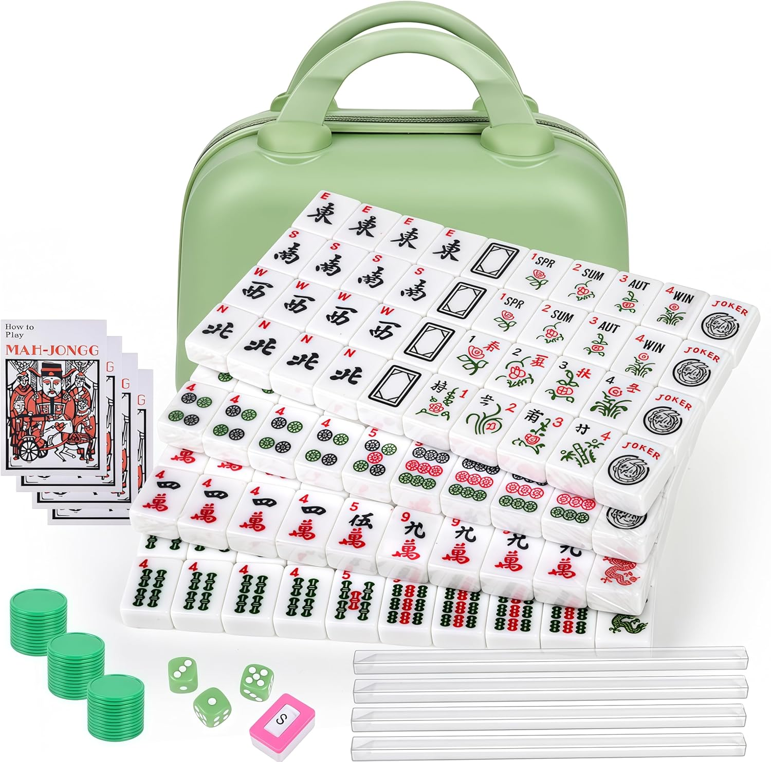 Portable American Mahjong Set, 66 Mahjong Tiles with Carrying Bag, 3 Dice, 40 Chips, Wind Indicator, Instruction Book, Compact Travel Game Set