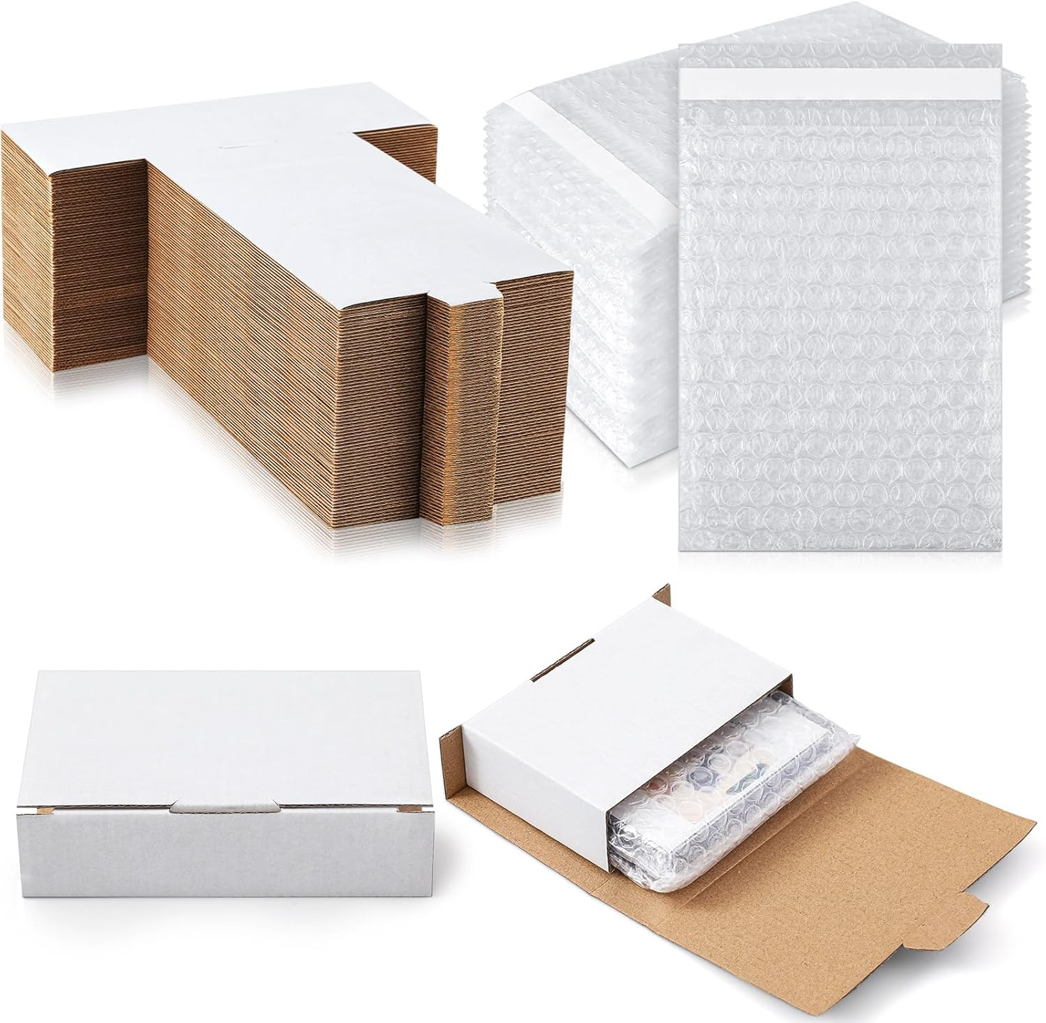 50 Pack Small Shipping Boxes with Bubble Bags, Corrugated Cardboard Mailer Boxes Bulk for Small Business Packaging, Easy Fold for Shipping, Storage & Fragile Items(White)