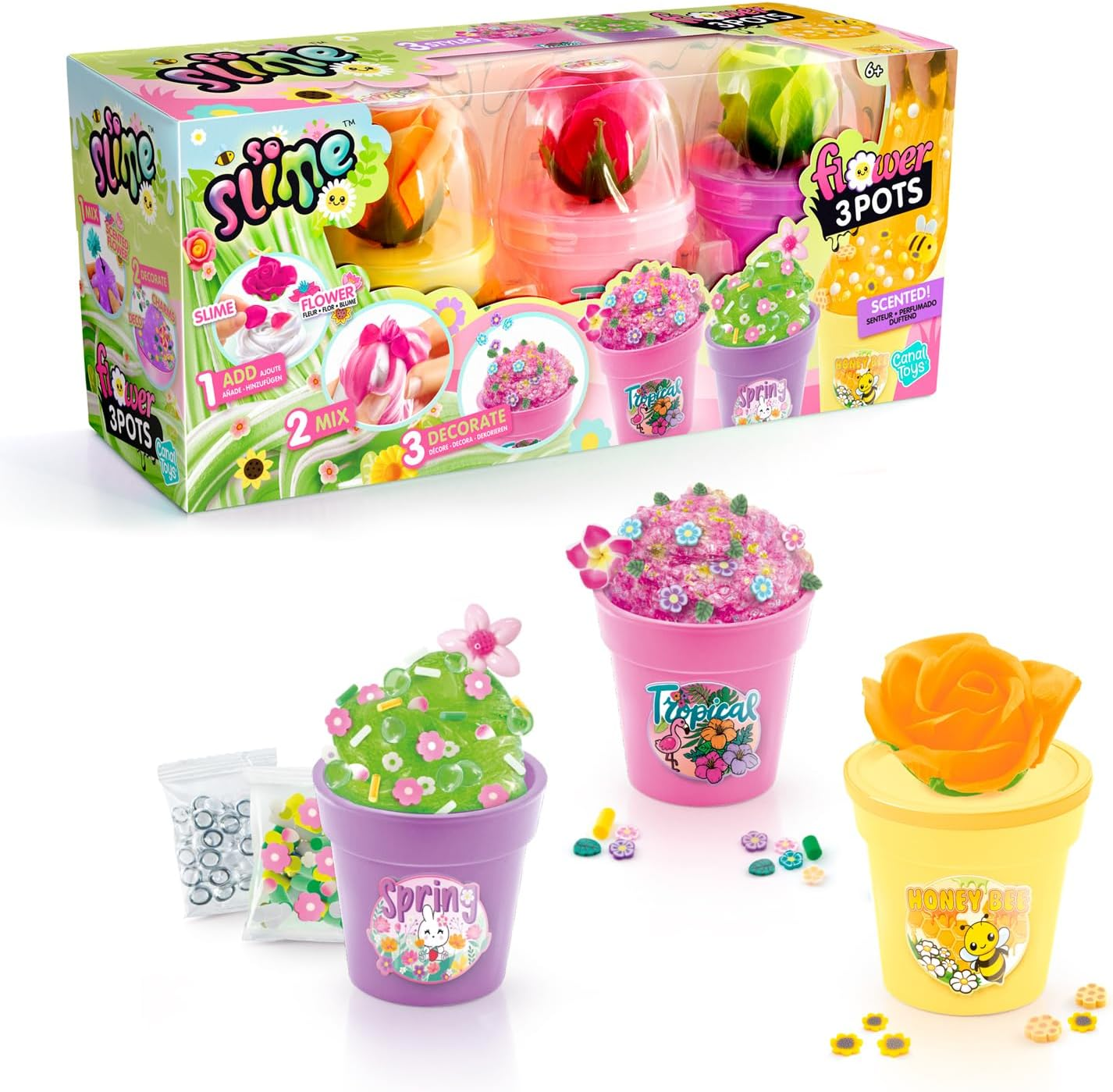- so Slime - Slime Flower 3 Pots - Colour Your Creation Thanks to the Flower - Personalise It with Decorations and Charms - Gift Idea for Children 6 Years + - Creative Hobby - Imagination