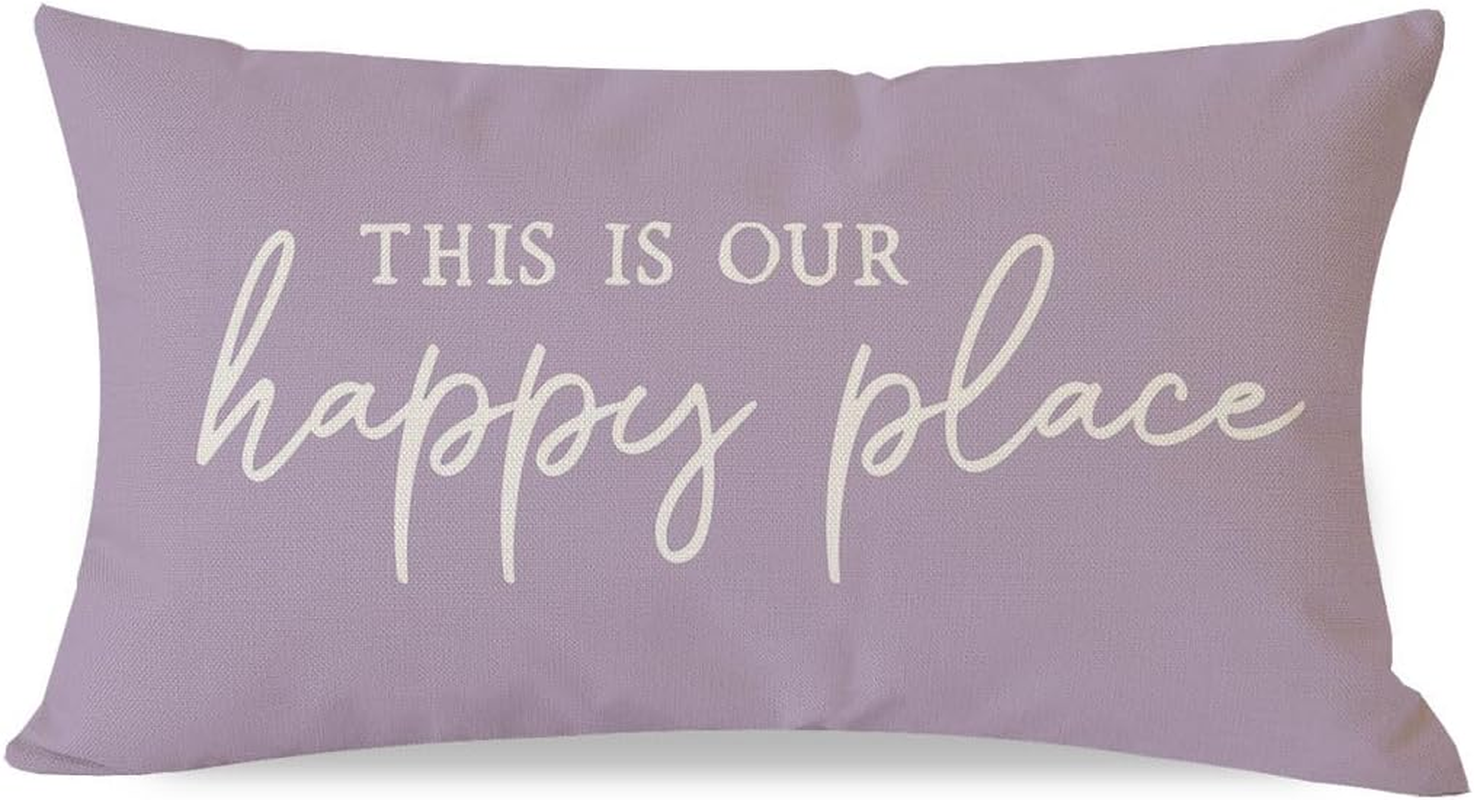This is Our Happy Place Pillow Covers 12x20 Inch Lavender Purple Modern Farmhouse Outdoor Spring Summer Decorations Lumbar Decorative Throw Pillows Cases for Home Living Room Couch Decor