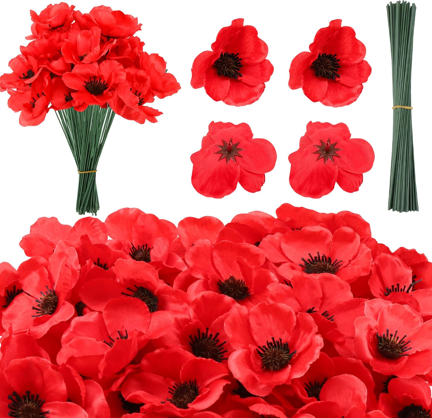 80pcs Artificial Poppies - Red Poppy Fake Flowers for Remembrance Day, Poppies Head Fake Wildflowers with Flower Branch for 80th Anniversary Veterans Memorial Day Home Kitchen Decoration