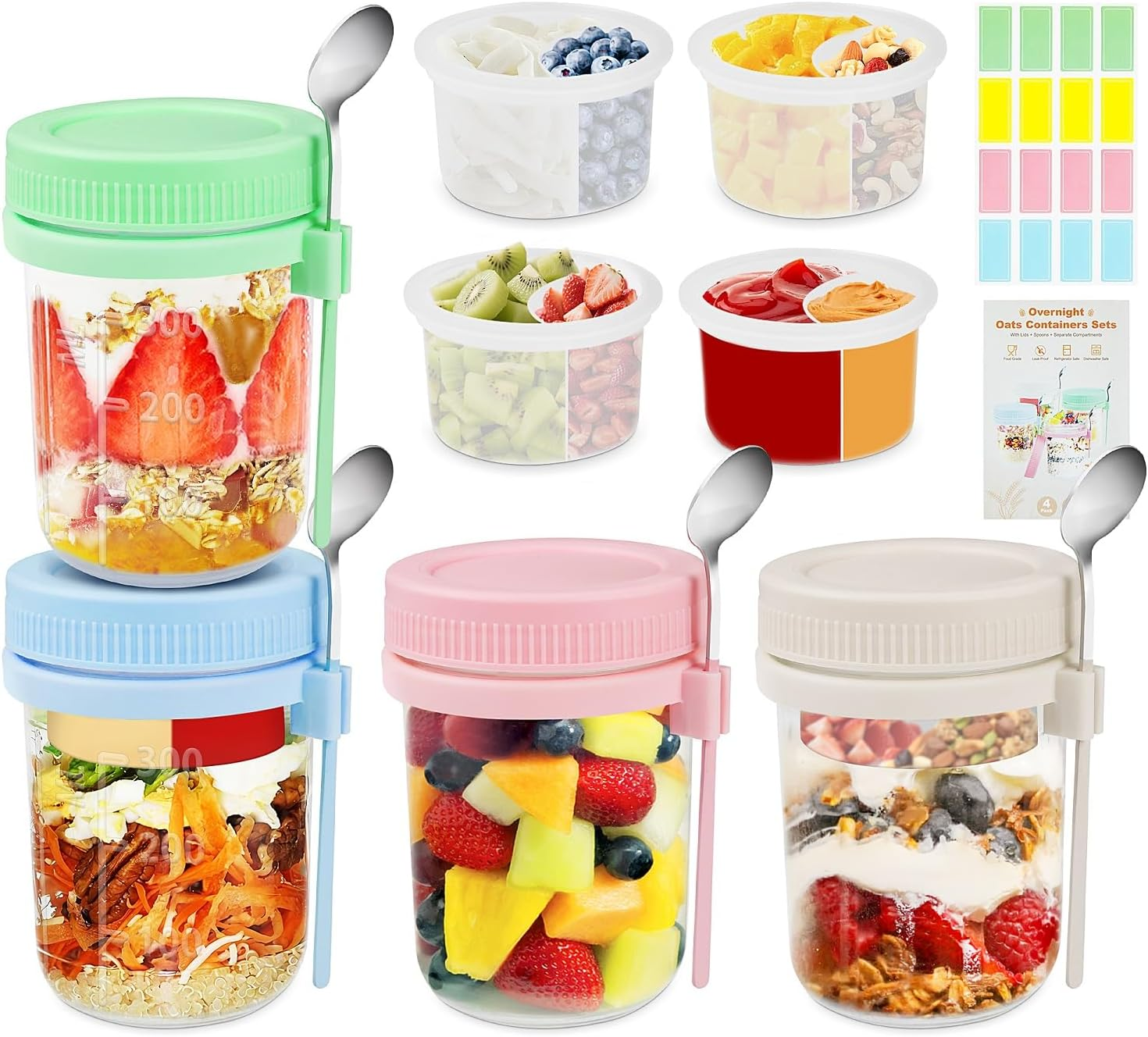 Overnight Oats Containers with Lids and Spoons - 4 Pack 16 Oz Glass Mason Jars with Separate Compartments Airtight Overnight Oat Jars Leakproof Yogurt Parfait Cup for Oatmeal Chia Pudding Cereal Salad