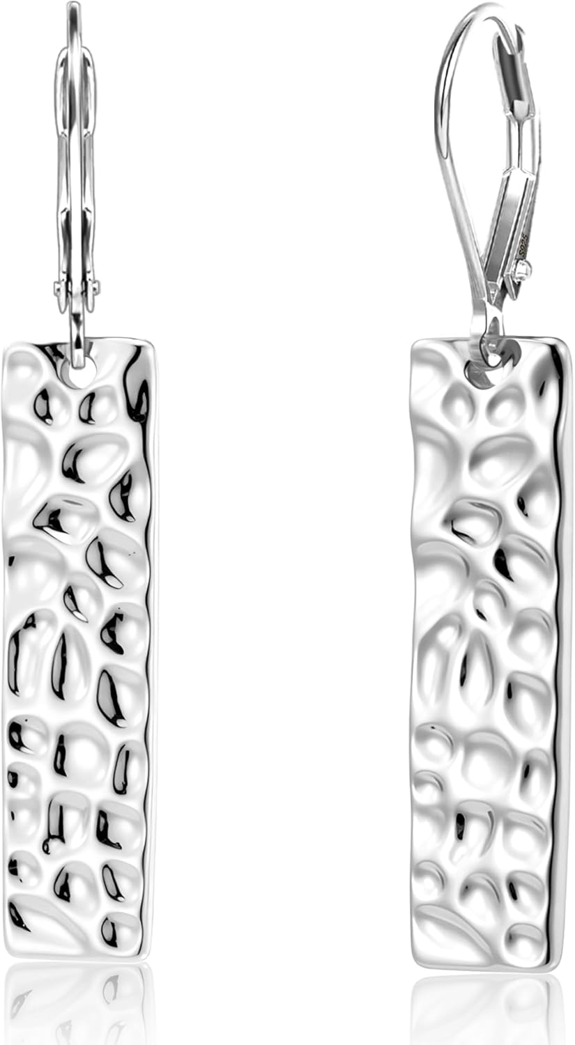 Hammered Silver Dangle Earrings for Women, 14K Gold Plated French Leverback Earrings, Hypoallergenic Lightweight Statement Hammer Square Bar Long Drop Earing for Women Trendy Jewelry Gifts