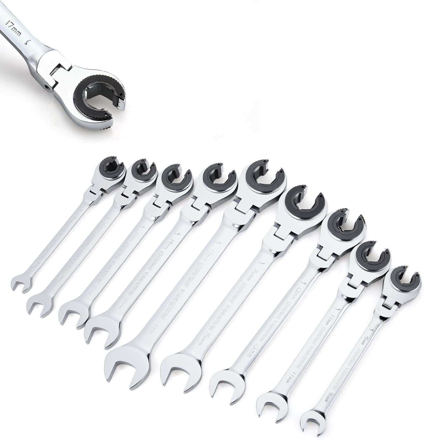 Anbull Metric Tubing Combination Wrench Set 9Pcs(8-17Mm), Ratcheting Wrench Set with 180°Open Flex-Head, Tubing Ratchet Wrench Set with 72 Gears Cr-V Steel Constructed