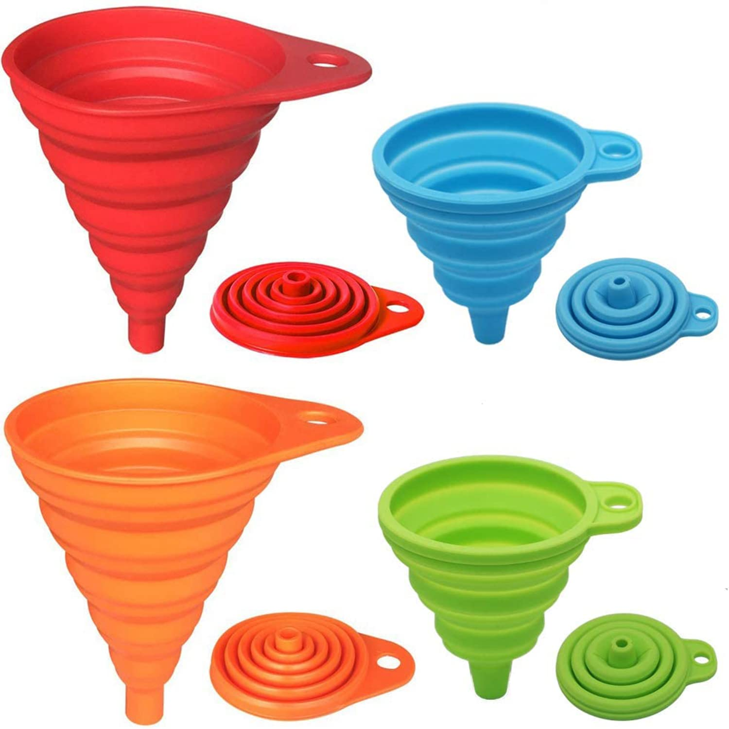 Kongnai Kitchen Funnel Set 4 Pack, Small and Large, Kitchen Gadgets Accessories Foldable Silicone Collapsible Funnels for Filling Water Bottle Liquid Transfer Food Grade