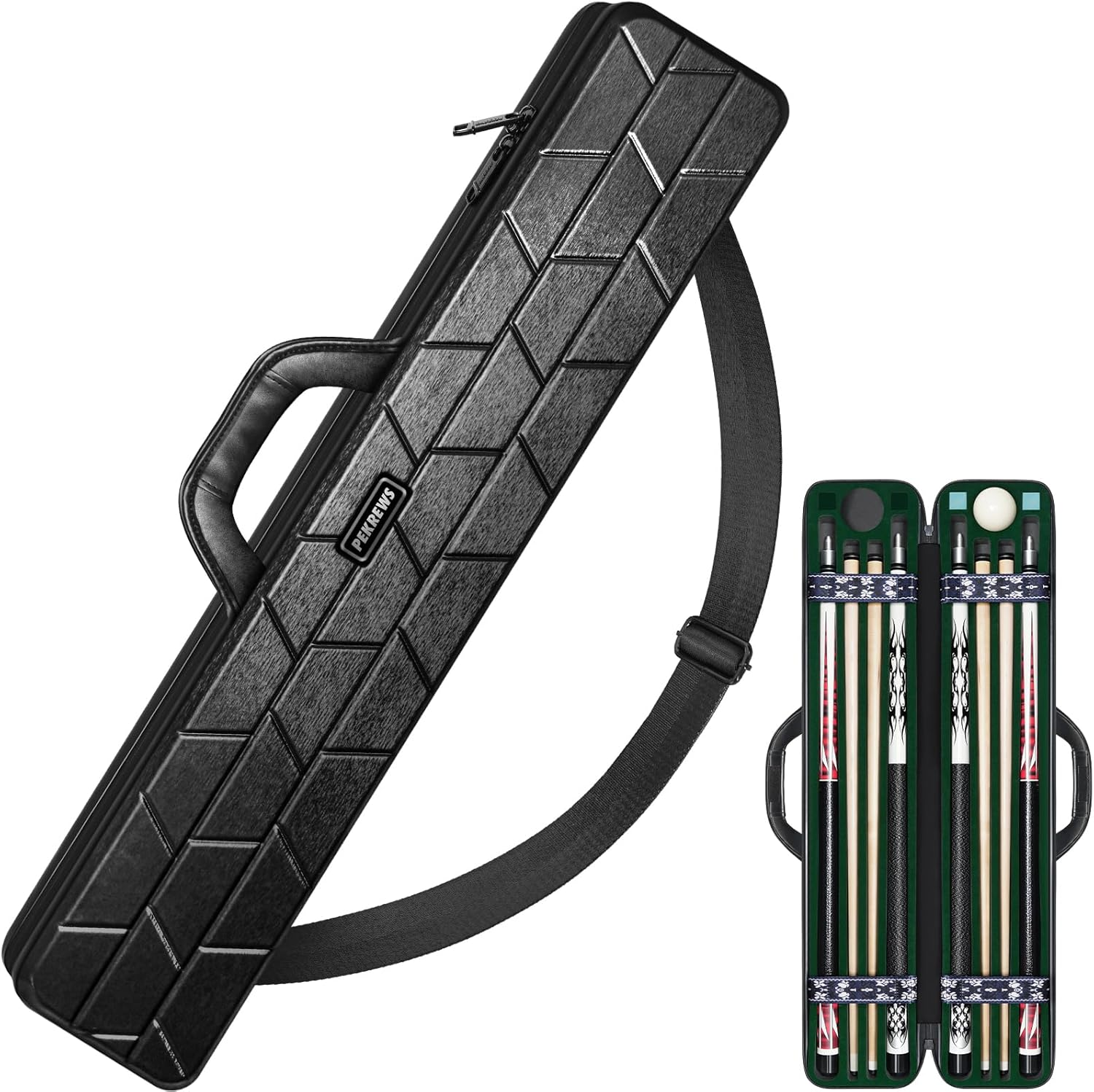 Pool Cue Case, Hard Shell Pool Stick Case 4X4 with 10 Padded Slots, Heavy-Duty Billiard Cue Bag with Soft Leather Handle and Shoulder Strap, Travel Snooker Stick Bag Carrier for Men and Women