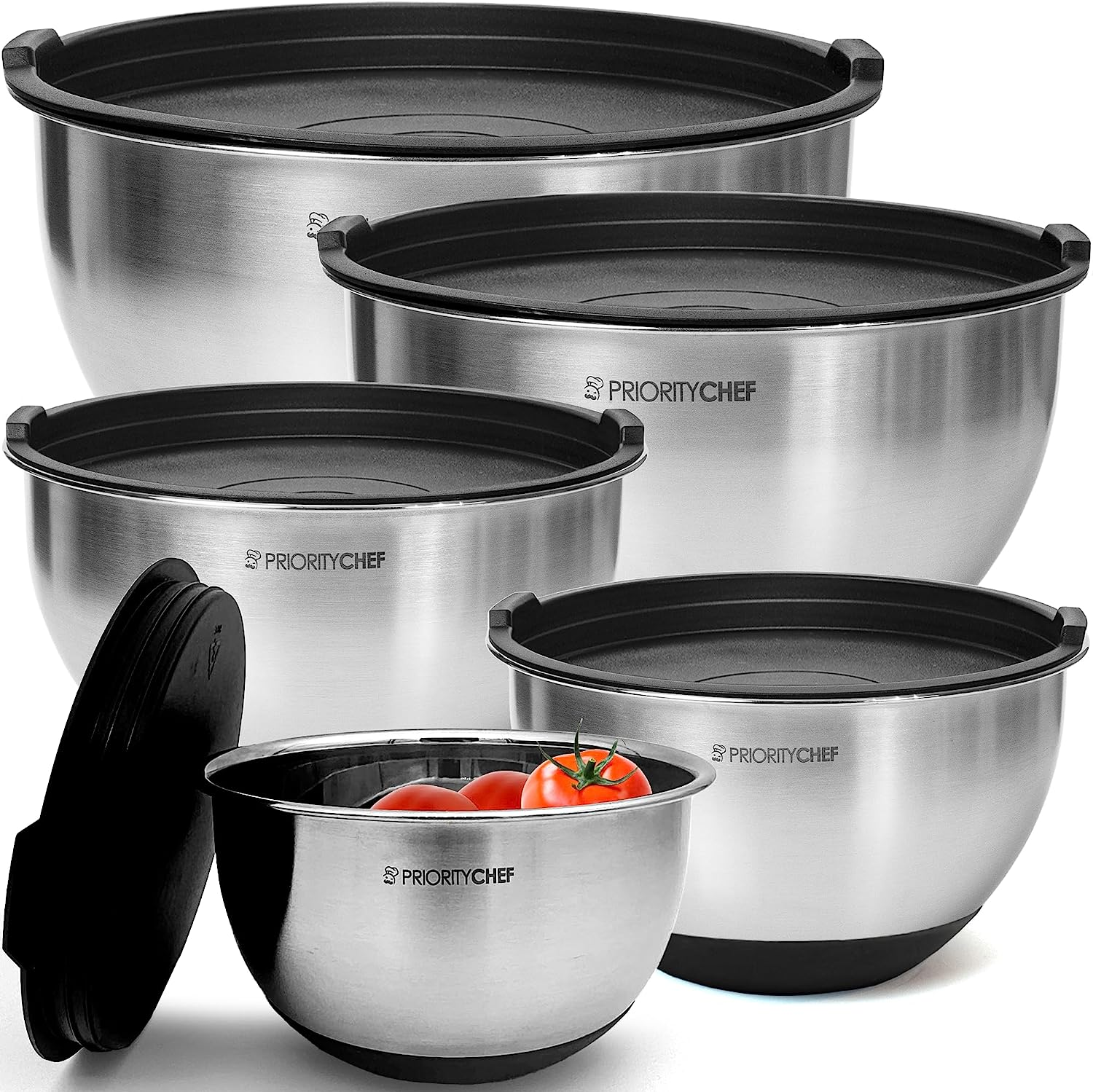 Premium Mixing Bowls with Lids Set, Airtight Lids, Thicker Stainless Steel, Non-Slip Base, 5 Nesting Steel Bowls for Kitchen, Large Prep Metal Bowl Set 1.5/2/3/4/5 Qt, Black