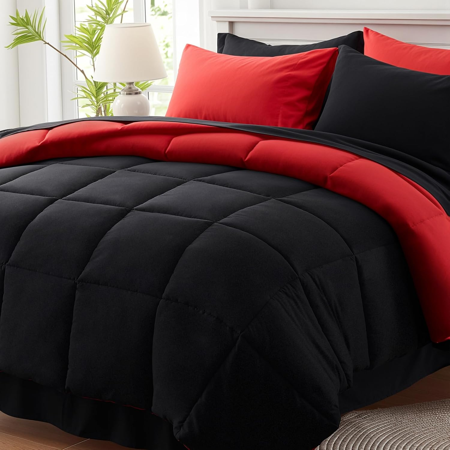 Anluoer Queen Comforter Set 7 Piece, Reversible Bed in a Bag Queen Size, Lightweight Bedding Set with 1 Comforter, 2 Pillow Shams, 2 Pillowcases, 1 Flat Sheet, 1 Fitted Sheet, Red & Black