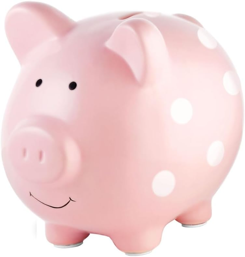 Pearhead Large Ceramic Piggy Bank, Pink Polka Dots,Ideal for Boys and Girls,Kids