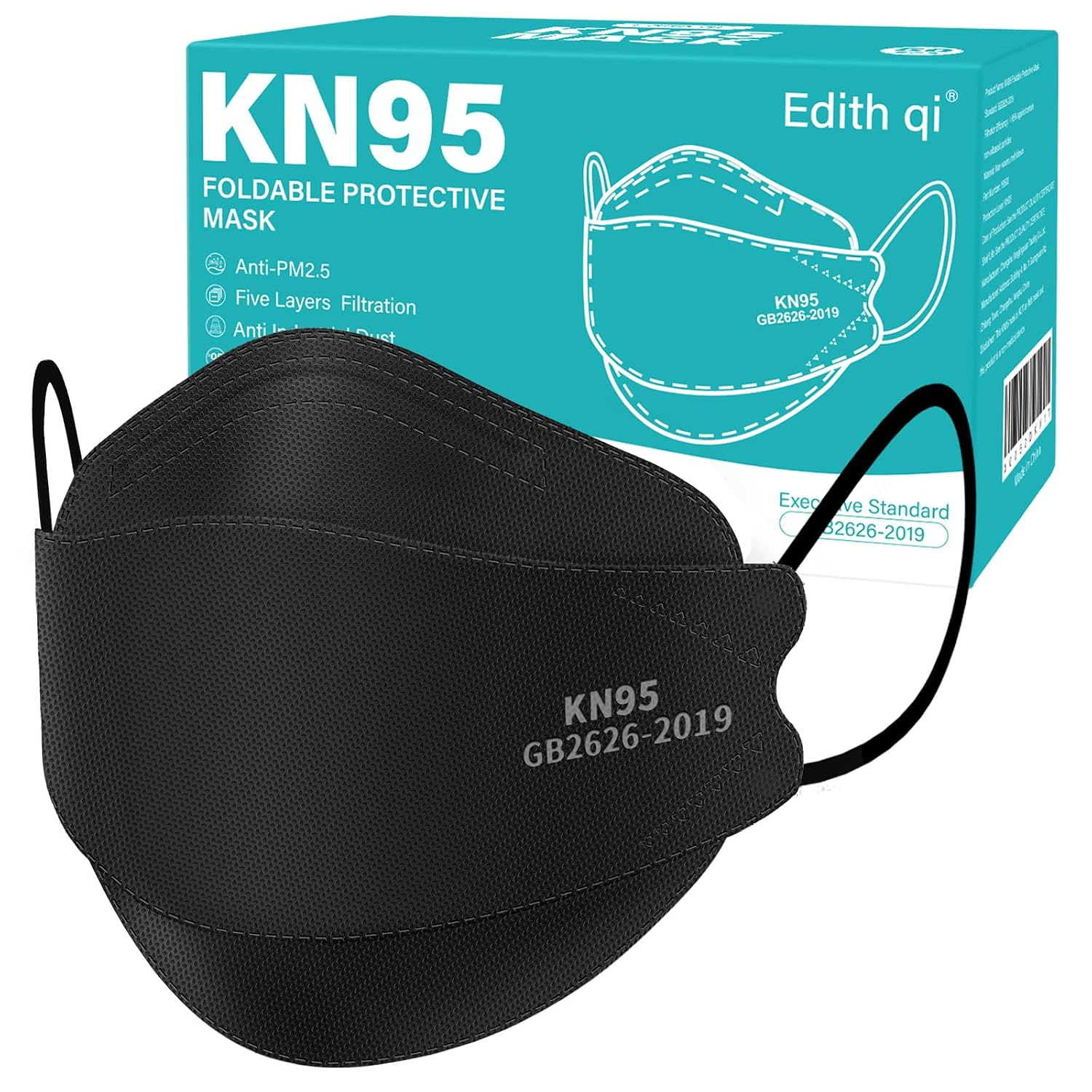 Edith Qi KN95 Face Masks 50 PCS, 5 Ply Black Disposable KN95 Masks for Adults Filter Efficiency 95%, Protection against PM 2.5 Smoke Particles