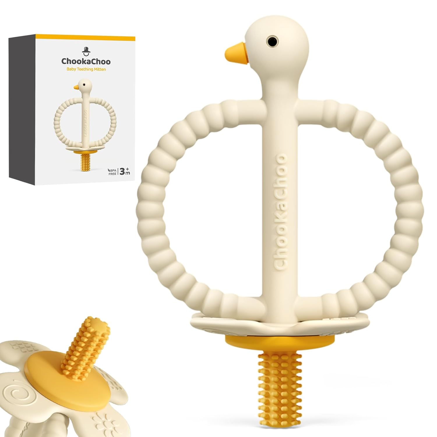 Baby Teether Toy and Training Toothbrush, Duck Silicone Teething Toys for Babies 3-12 Months, Double Ring Easy-Grip Design, Food-Grade BPA Free, Multi-Texture Relief for Gums & Molars