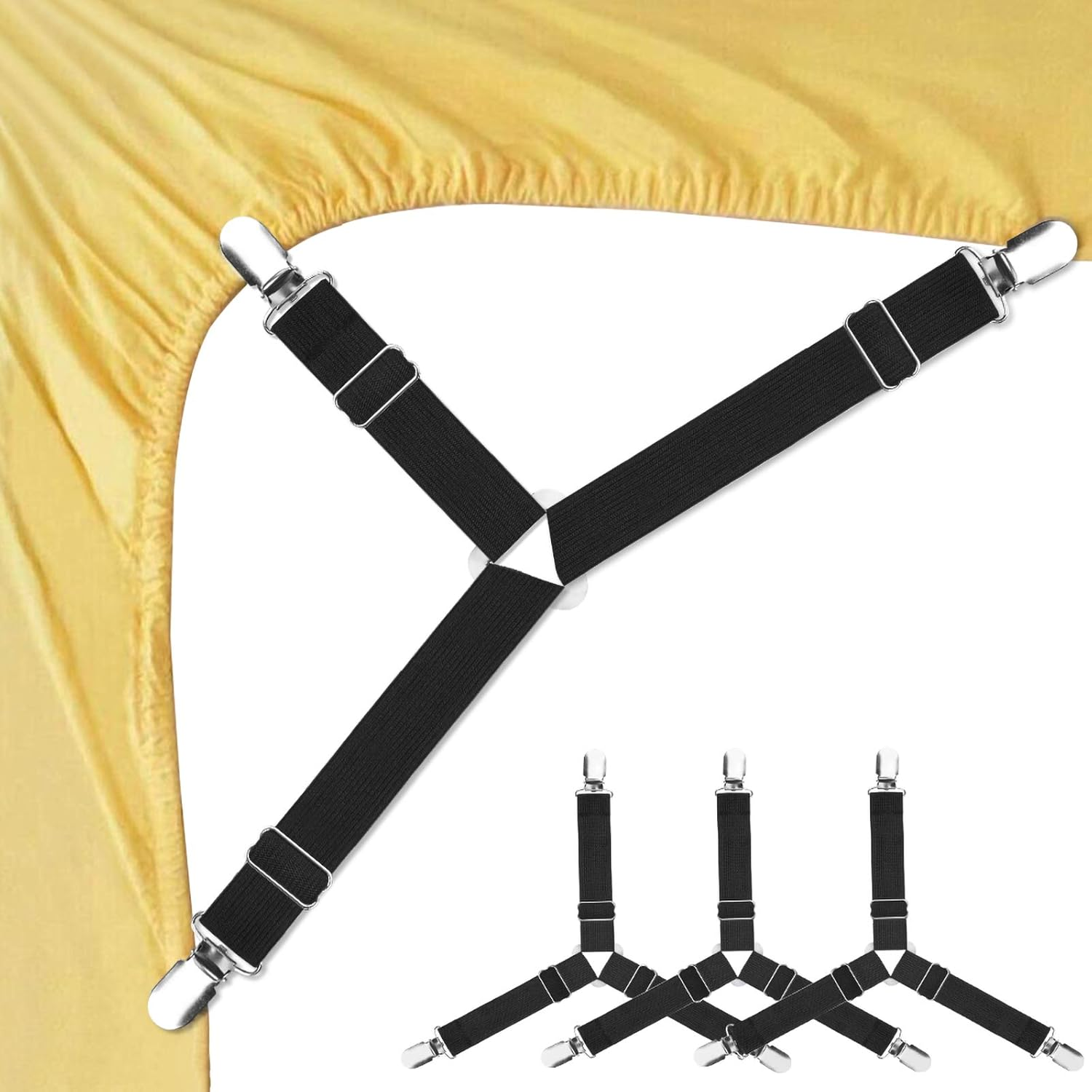 Sheet Holders, 4 pcs Adjustable Bed Sheet Straps, Fitted Sheet Holder Clips Fasteners Suspenders Gripper Locker Scrunchie for Bed Mattress Corners, Keep Sheet Firm Tight