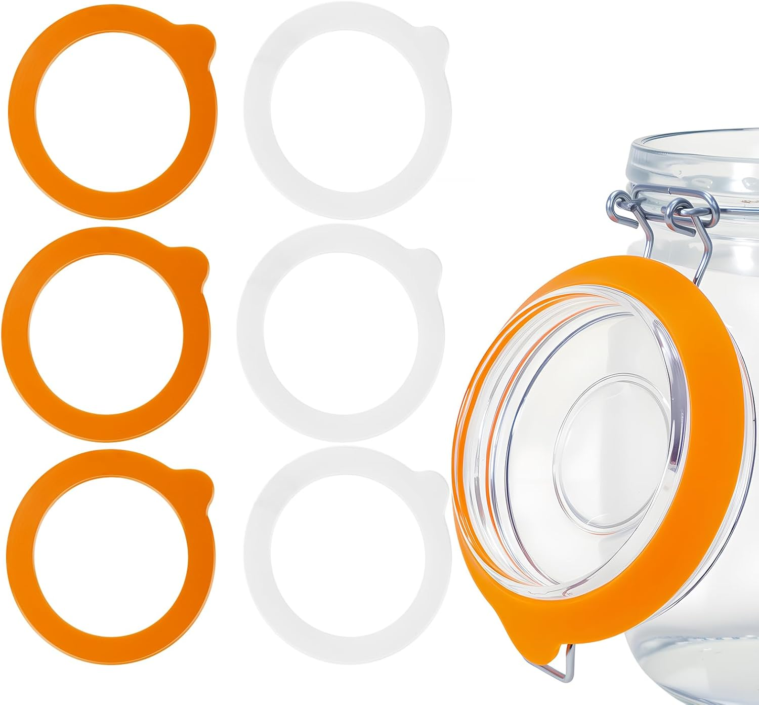3.75 Inches Diameter Rubber Seals for Glass Jars, 6 Pcs Food Grade Airtight Replacemen Silicone Jar Gaskets, Leakproof Gasket Sealing Rings for Canning Mason Jars, Fits Most Sizes (White and Orange)