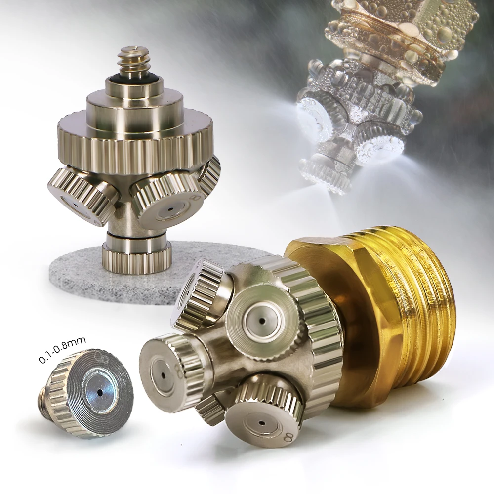 5-hole Misting Nozzle w/ 1/2" 20mm Brass Adapter 0.1-0.8mm Fine Atomizer for Garden Irrigation Courtyard Cooling Fogging Sprayer