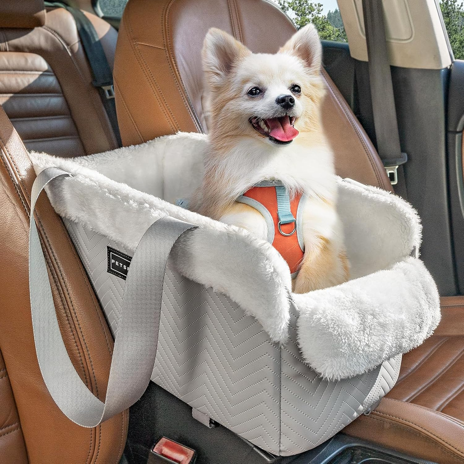 Console Dog Car Seat, Portable Small Dog Car Seat with Safe Protective Hooks, Luxury Dog Carseat Includes Safety Leash and Storage Pocket for Pets up to 9 Lbs (Grey)