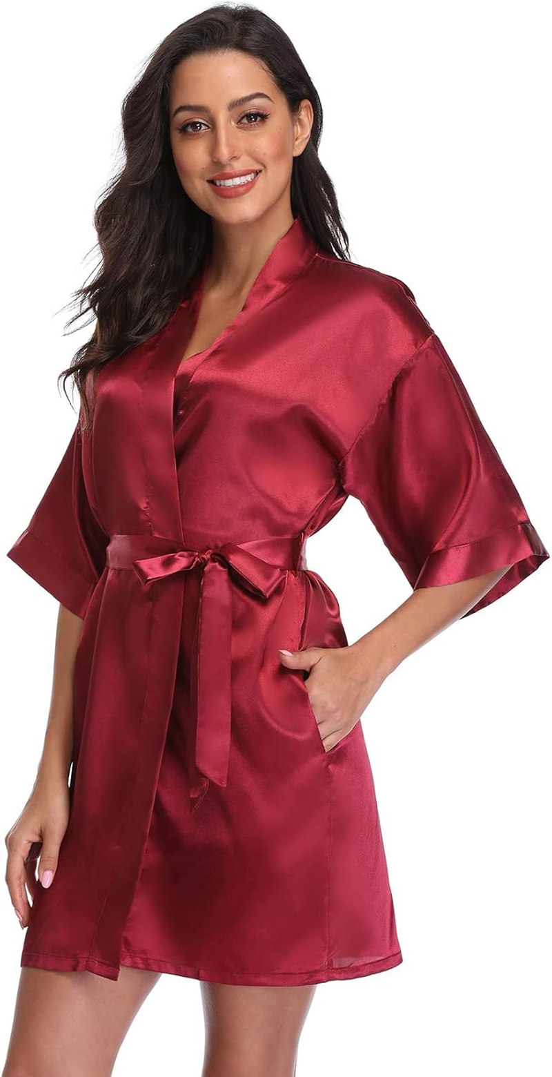 Women'S Pure Short Satin Robes Bridesmaid Bride Party Kimono Silky Sleepwear for Wedding Party