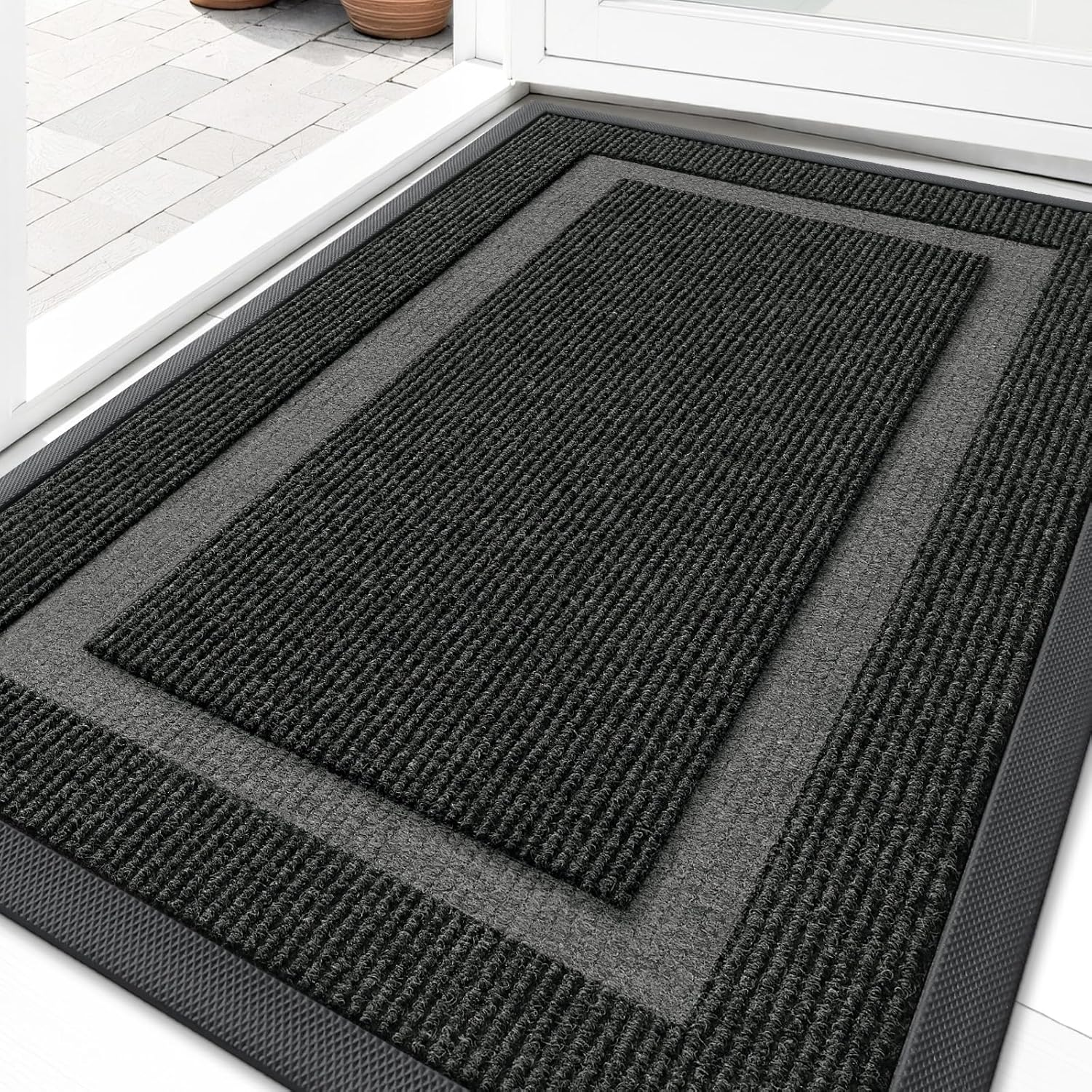 Front Door Mat Indoor Outdoor Entrance, Waterproof All-Season, All-Weather Doormat, Sturdy Natural Rubber, Fade Resistant, Low Profile, Easy Clean Patio Porch Entryway Mat, 29.5X17, Black