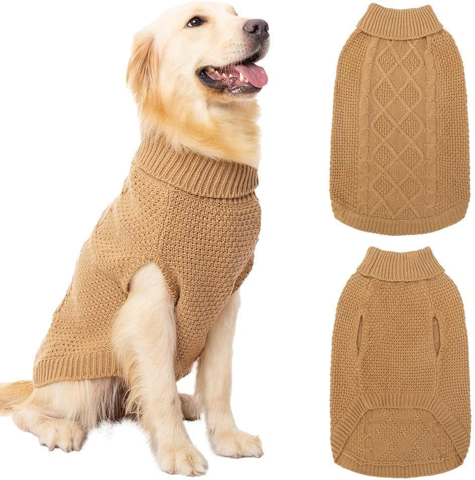 Turtleneck Dog Sweater - Winter Coat Apparel Classic Cable Knit Clothes with Leash Hole for Cold Weather, Ideal Gift for Pet in New Year Khaki