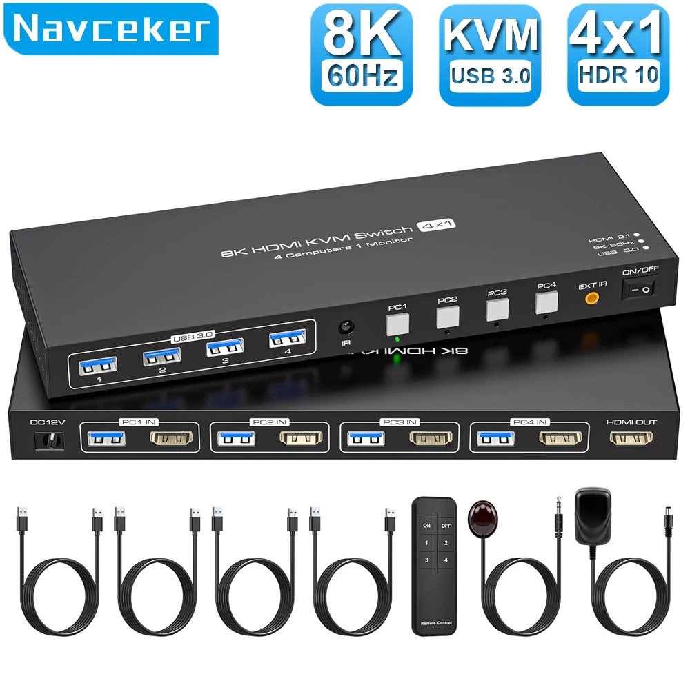 8K HDMI KVM Switch 1 Monitors 4 Computers 4K 144Hz 4x1 USB 3.0 KVM Switch for 4 PC Share Keyboard Mouse