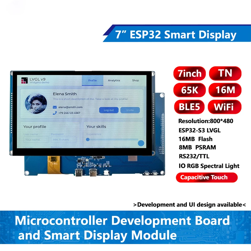 ESP32-S3 Development Board 7 Inch Touch Screen 800x480 Display Dual-core Processor 16M Flash WiFi BT5 GUI LVGL HMI LCD Module