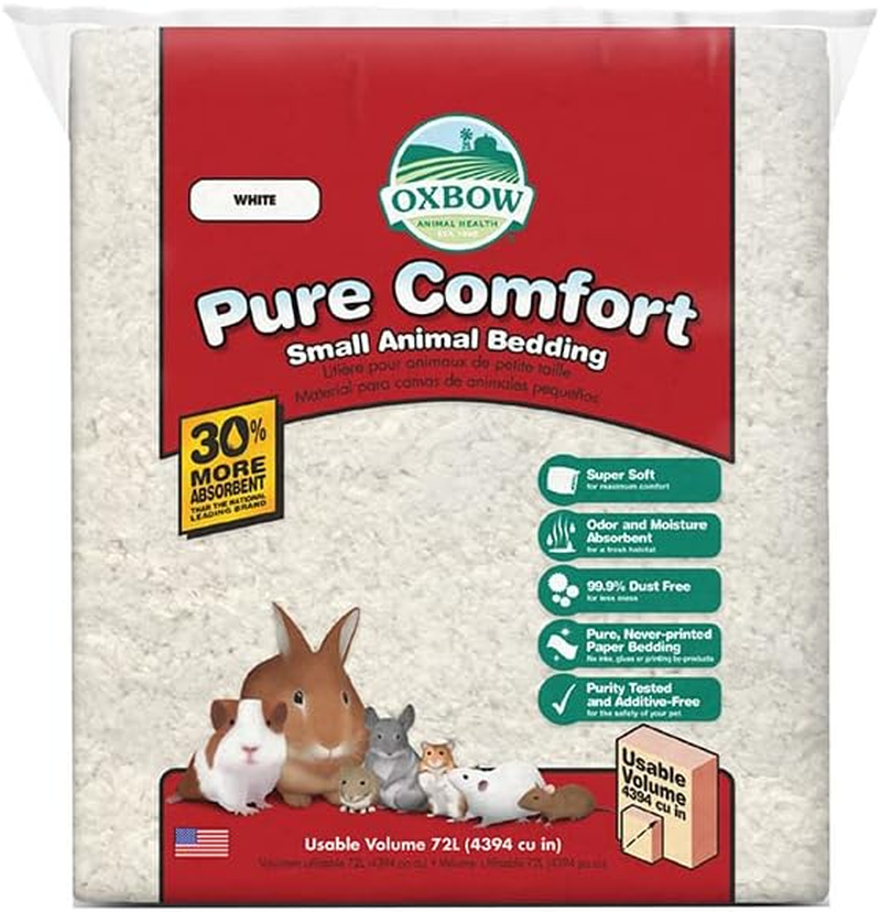Animal Health Pure Comfort Bedding, Rabbit, Hamster, & Guinea Pig Bedding, Bunny Supplies for Litter Box, Pet Safe, Low Dust, White Paper, 72 Liter Bag
