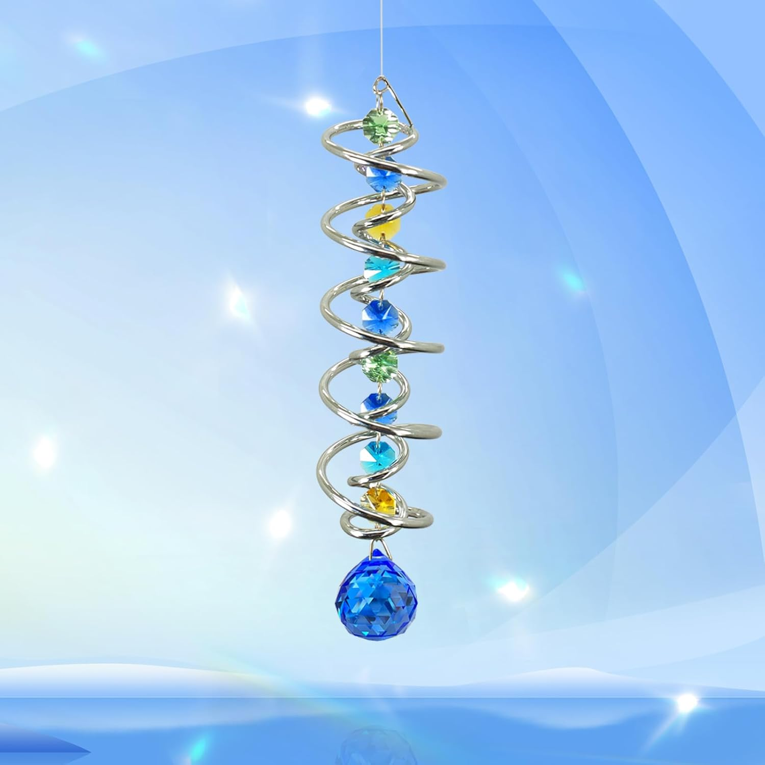 Gazing Ball Spiral Tail -Decorative Wind Spinner Sun Catcher Rainbow Maker Double-Spiral W/Sea Blue Crystal Ball and Chain Crystals for Indoor Outdoor Garden Decoration -14 inch Height