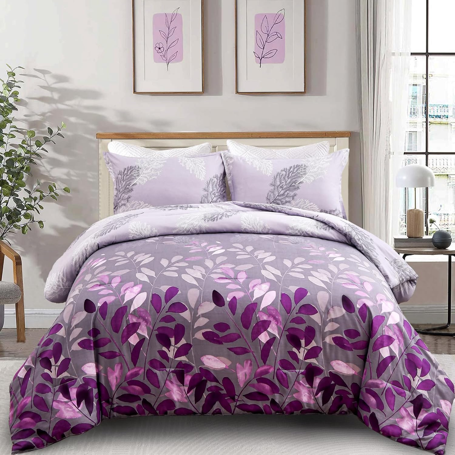 Purple Comforter Set King, Botanical Leaves Comforter for King Bed 3 Pieces Reversible Floral Bed Comforter Sets Soft Microfiber Bedding Set for All Season (104