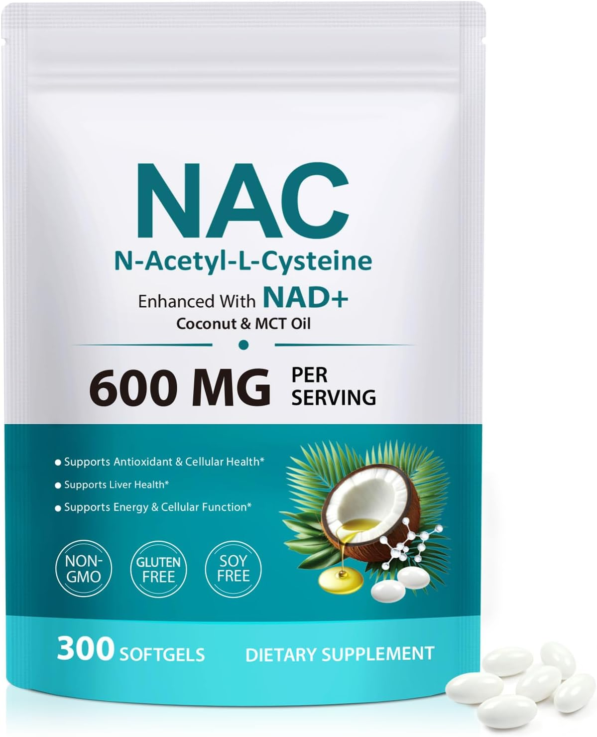 NAC (N-Acetyl-L-Cysteine) 600Mg – 300 Softgels – Enhanced with NAD+, Coconut & MCT Oil – 100-Day Supply – Supports Daily Wellness, Metabolic Function & Natural Balance – Vegan & Non-Gmo