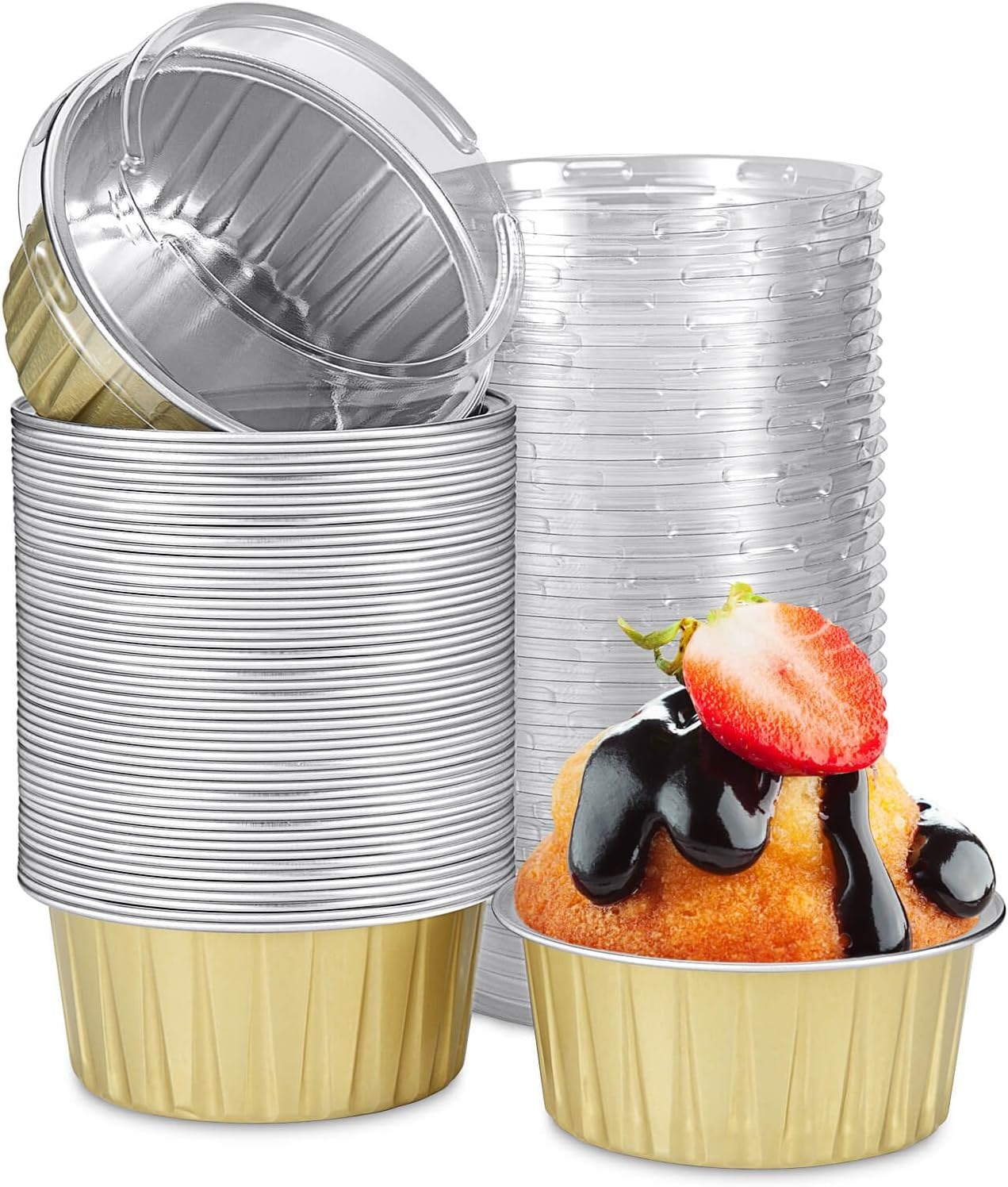 50pcs Mini Disposable Foil Ramekins with Lids 5oz, Aluminum Foil Round Cupcake Liners Muffin Cups, Baking Cups Muffin Pans (Gold)