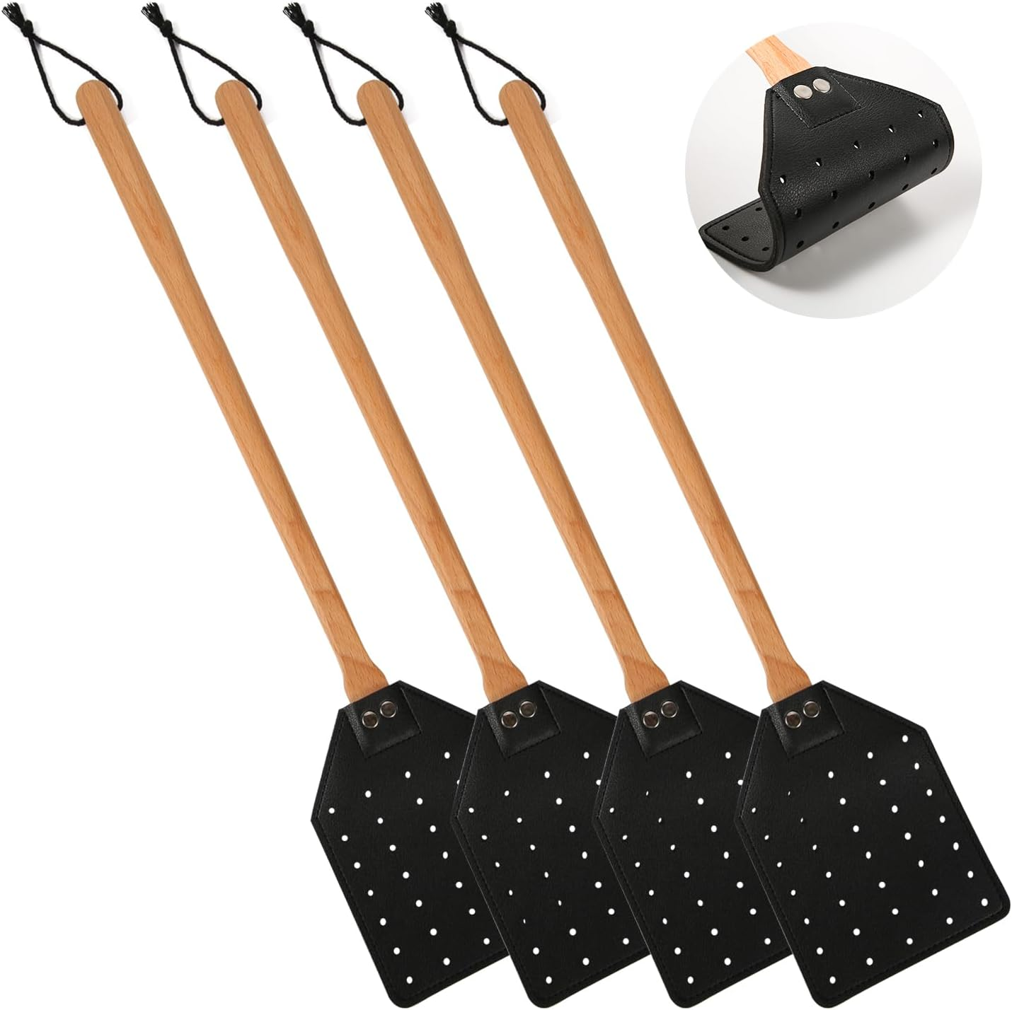PEUTIER 4Pcs Fly Swatters, Leather Flyswatter Manual Heavy Duty Fly Swatter with Long Wooden Handle Hollow Out Wasp Swatter for Home Indoor Outdoor Kitchen