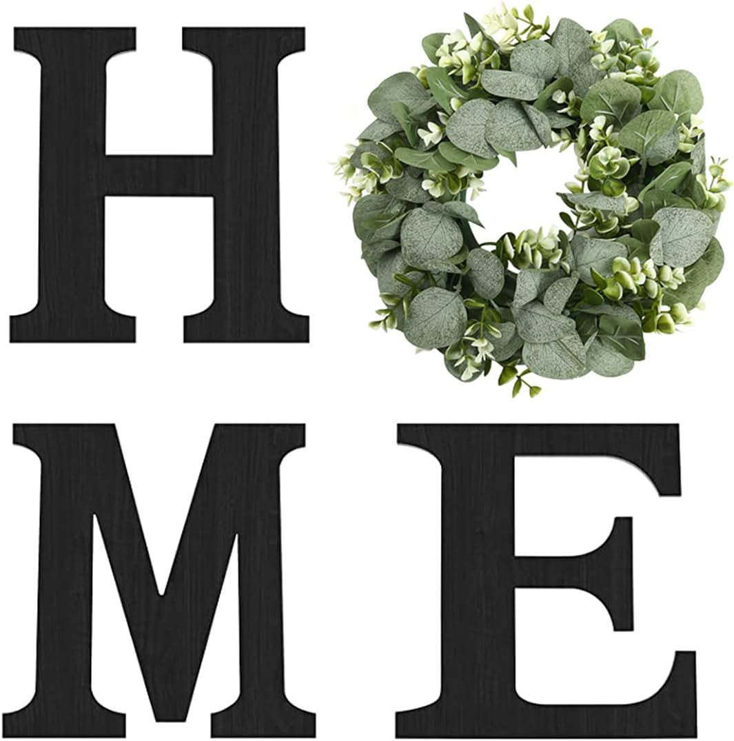 Wood Home Sign with Artificial Eucalyptus Wreath for O, Hanging Farmhouse Wall House Decor Wood Home Letters for Wall Art Rustic Home Decor, Home Wall Decor for Living Room Kitchen Entryway (Black)