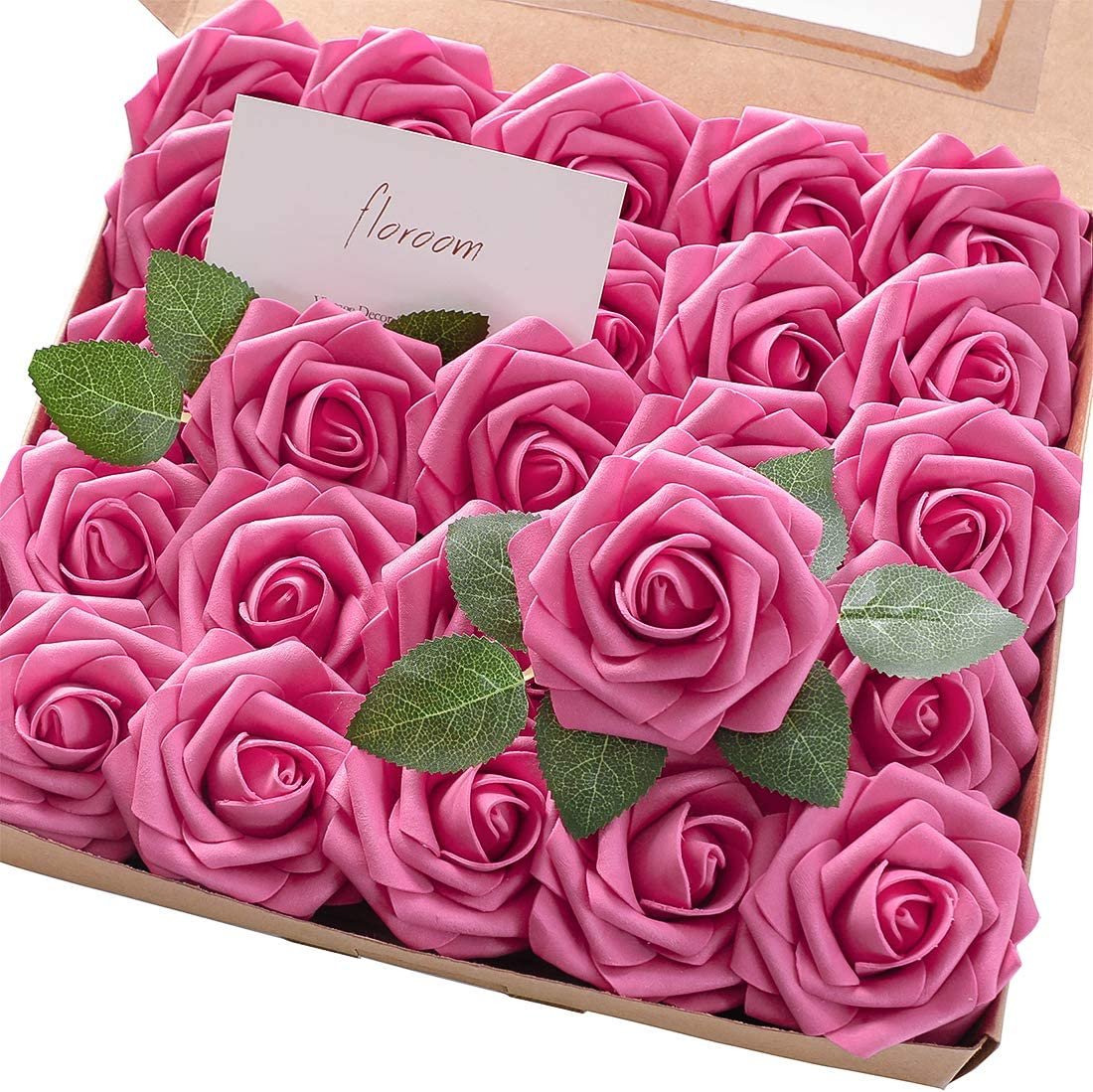 Artificial Flowers 50Pcs Real Looking Hot Pink Foam Fake Roses with Stems for DIY Wedding Bouquets Baby Shower Centerpieces Floral Arrangements Party Tables Home Decorations