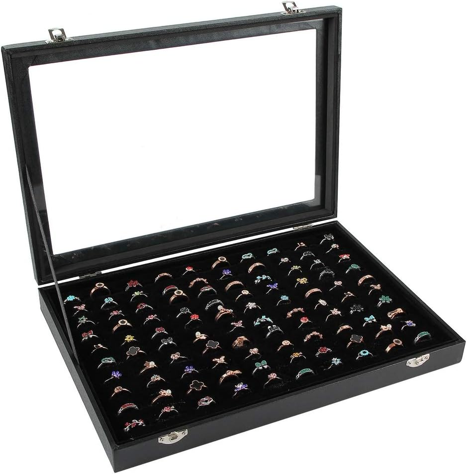 Ring Display Case Organizer Box with Transparent Lid, Ring Holder Showcase for Store Display Jewelry Show Home, Ring Organizer for Jewelry Rings, Studs Earrings (100 Slot, Black)